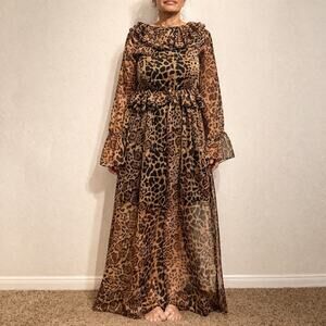 Danity Brown Leopard Print Ruffle Maxi Dress Sheer Boho Open Back Sz M